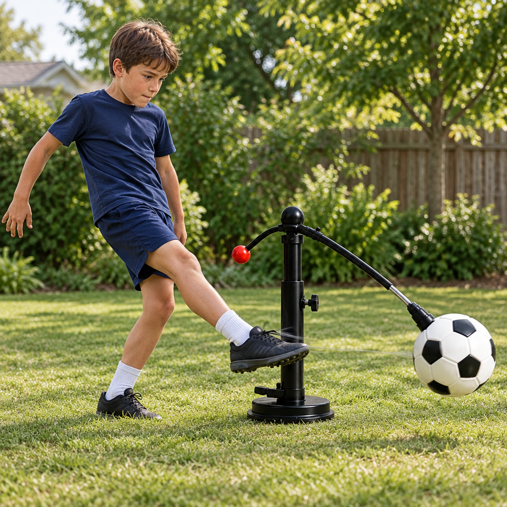 Boy kicking the ball on the 360° Soccer Trainer in a backyard